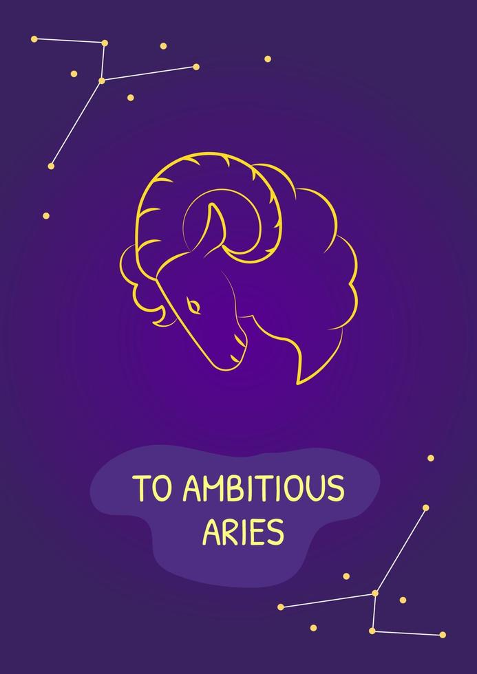 saludos a la ambiciosa postal de aries con icono de glifo lineal. tarjeta de felicitación con diseño de vectores decorativos. póster de estilo simple con ilustración creativa de lineart. volante con deseo de vacaciones