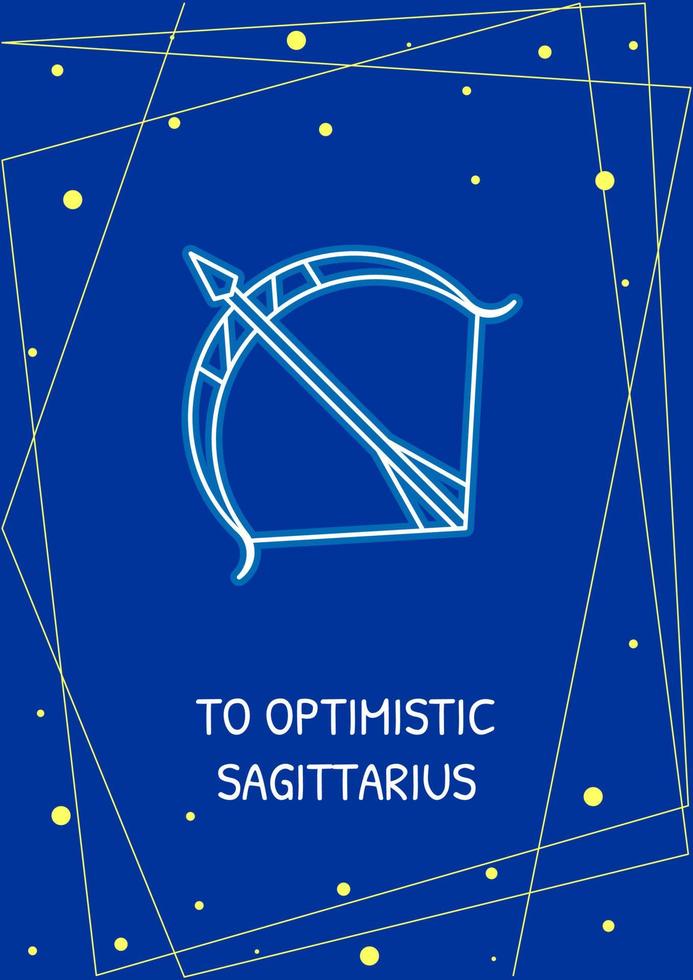 Greetings to optimistic sagittarius postcard with linear glyph icon. Greeting card with decorative vector design. Simple style poster with creative lineart illustration. Flyer with holiday wish
