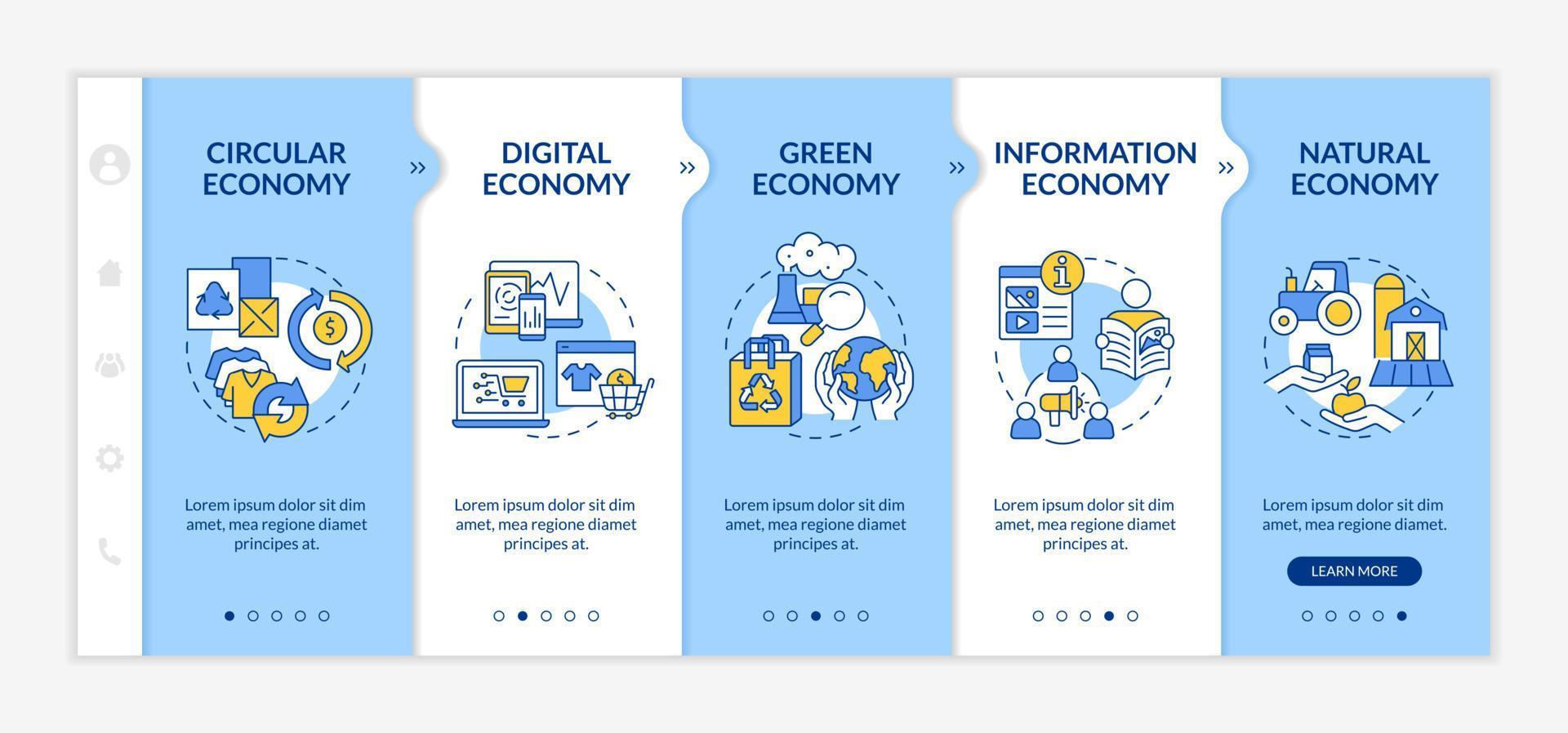 modelos de economía plantilla de incorporación azul y blanca. estrategia de mercadeo. sitio web móvil receptivo con iconos de concepto lineal. Tutorial de página web Pantallas de 5 pasos. lato-negrita, fuentes regulares utilizadas vector