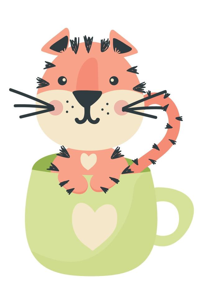 Cartoon Tiger is sitting in a Cup of coffee vector