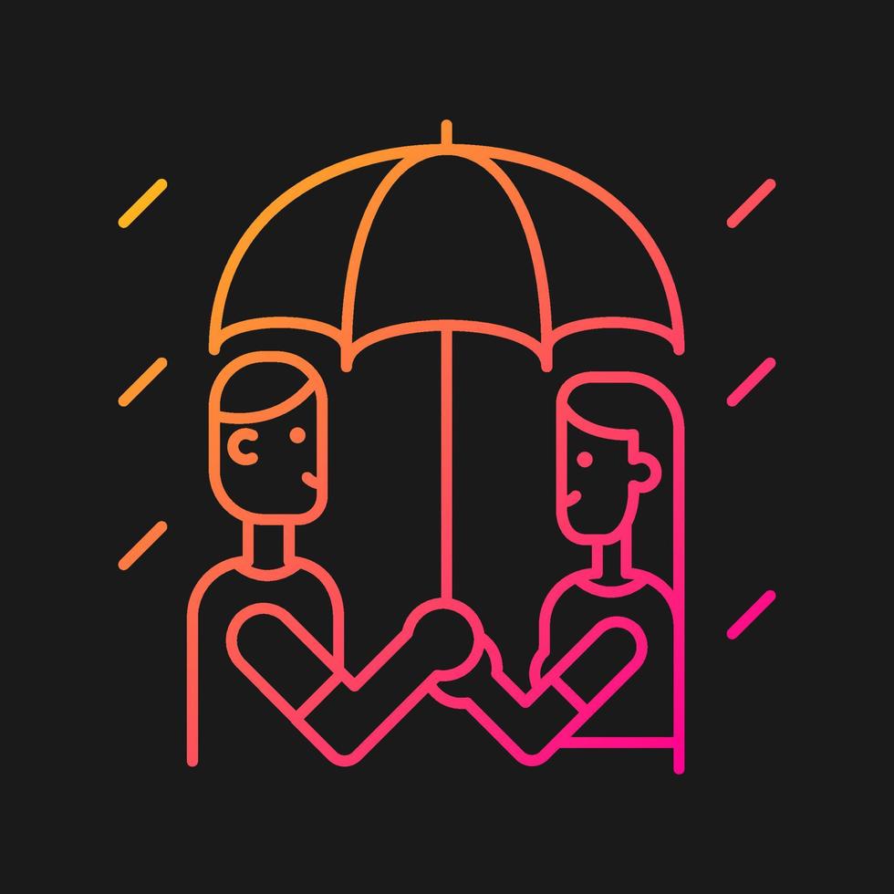 Walking under rain gradient vector icon for dark theme. Couple under umbrella in rainy weather. Sharing umbrella. Thin line color symbol. Modern style pictogram. Vector isolated outline drawing
