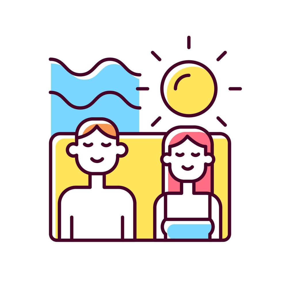 Couple spending vacation together RGB color icon. Quality time with partner. Romantic summer vacation. Couple relaxing at beach. Isolated vector illustration. Simple filled line drawing