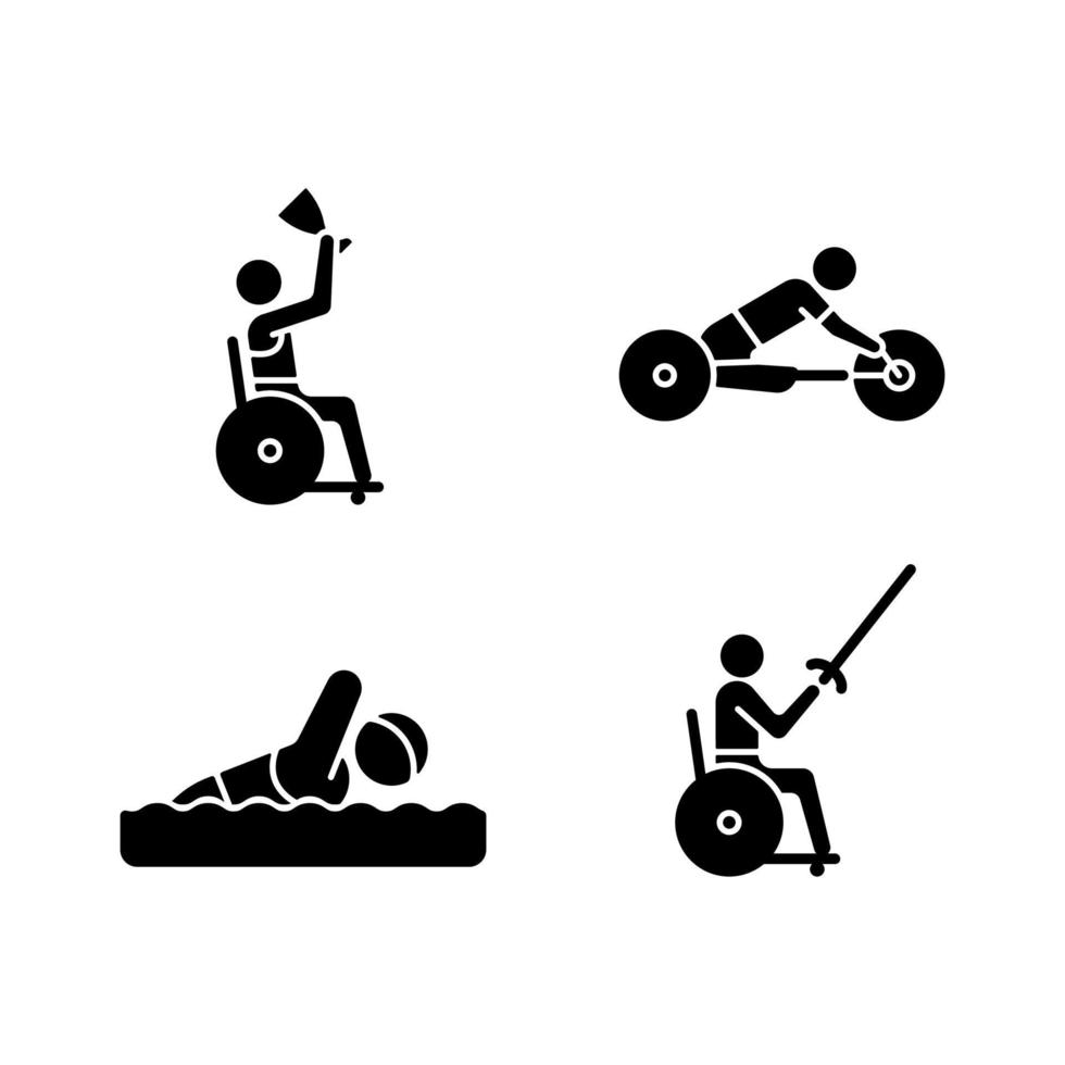 Adaptive contests black glyph icons set on white space. Different sport disciplines. Aquatic and land contests. People with physical disability. Silhouette symbols. Vector isolated illustration