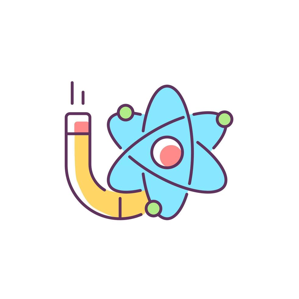 Physics RGB color icon. Image of atom, electrons, protons, neutrons. Stydying of matter, motion, energy, force. Physics classes. Isolated vector illustration. Simple filled line drawing