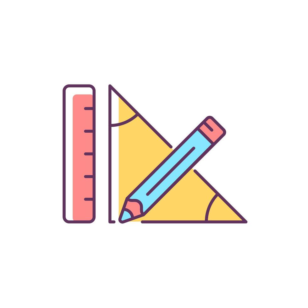 Geometry RGB color icon. Pencil and ruler. Geometrical problem solving. Draw line. Measurement sides of triangle. Geometric shape. Isolated vector illustration. Simple filled line drawing