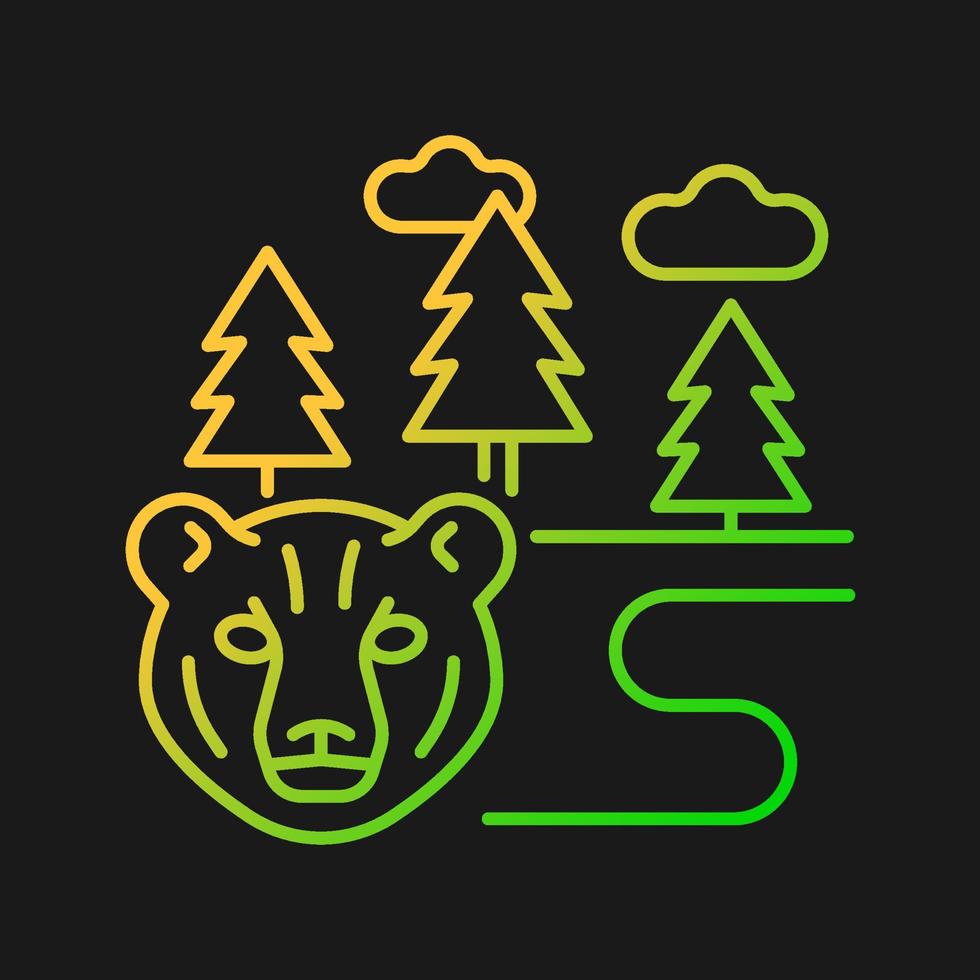 Boreal forest gradient vector icon for dark theme. Taiga. Forest with evergreen trees. Pine and spruce woodland. Thin line color symbol. Modern style pictogram. Vector isolated outline drawing