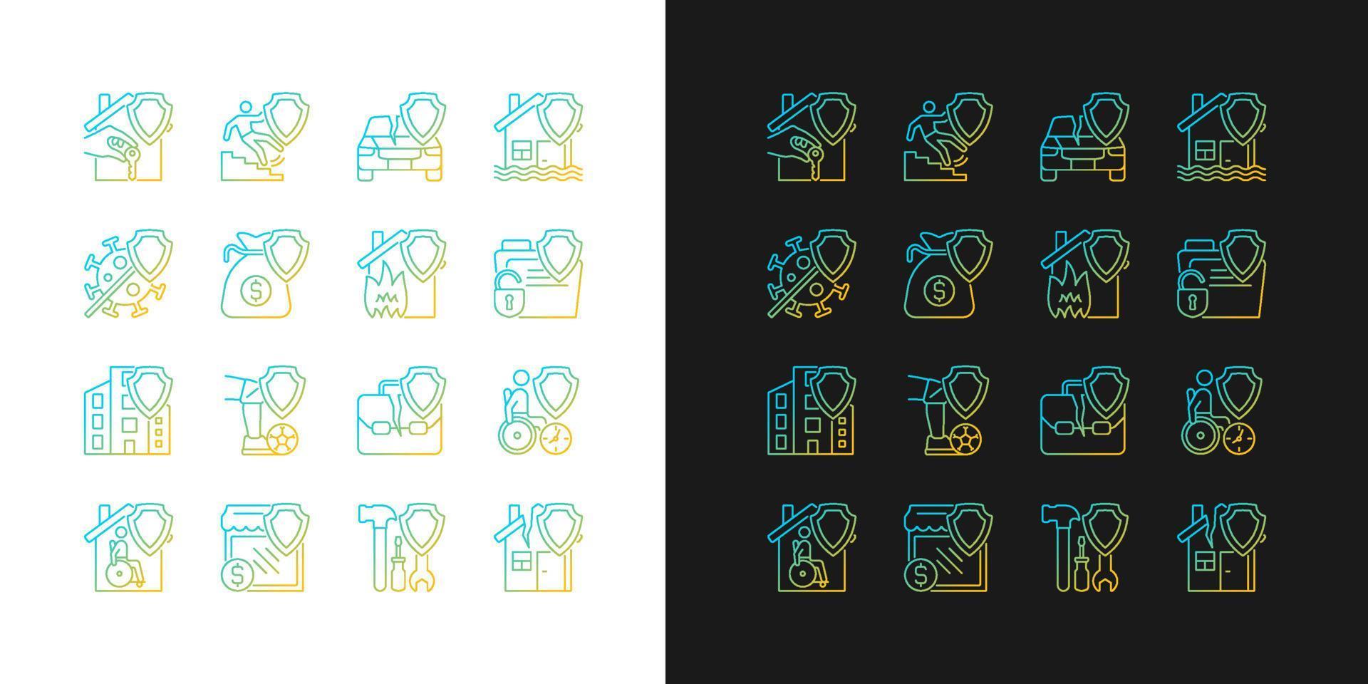 Insurance cases gradient icons set for dark and light mode. Financial protection guaranty. Thin line contour symbols bundle. Isolated vector outline illustrations collection on black and white
