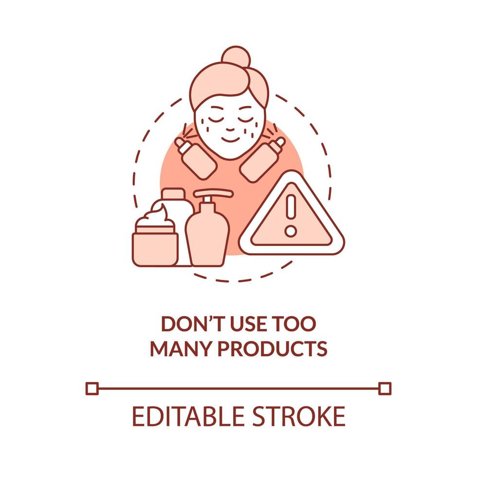 Dont use too many products terracotta concept icon. Skincare routine abstract idea thin line illustration. Isolated outline drawing. Editable stroke. Roboto-Medium, Myriad Pro-Bold fonts used vector