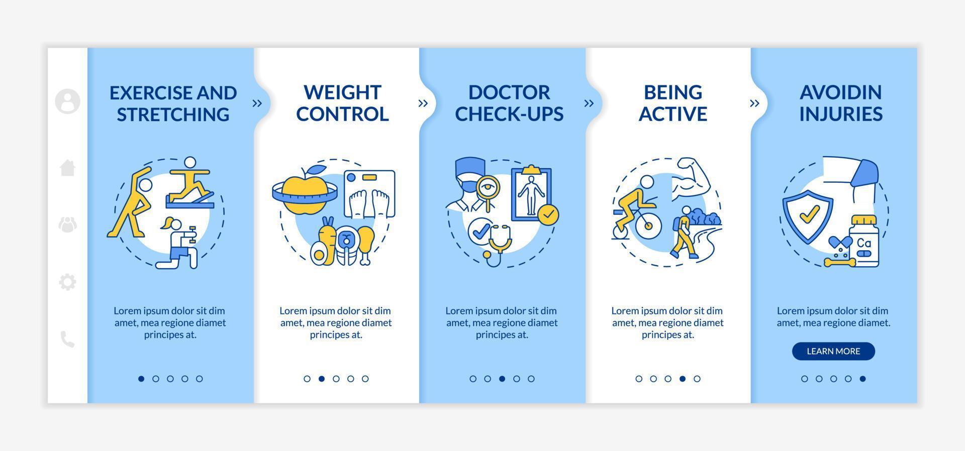 Risk of arthritis reduction onboarding vector template. Responsive mobile website with icons. Web page walkthrough 5 step screens. Disease prevention color concept with linear illustrations