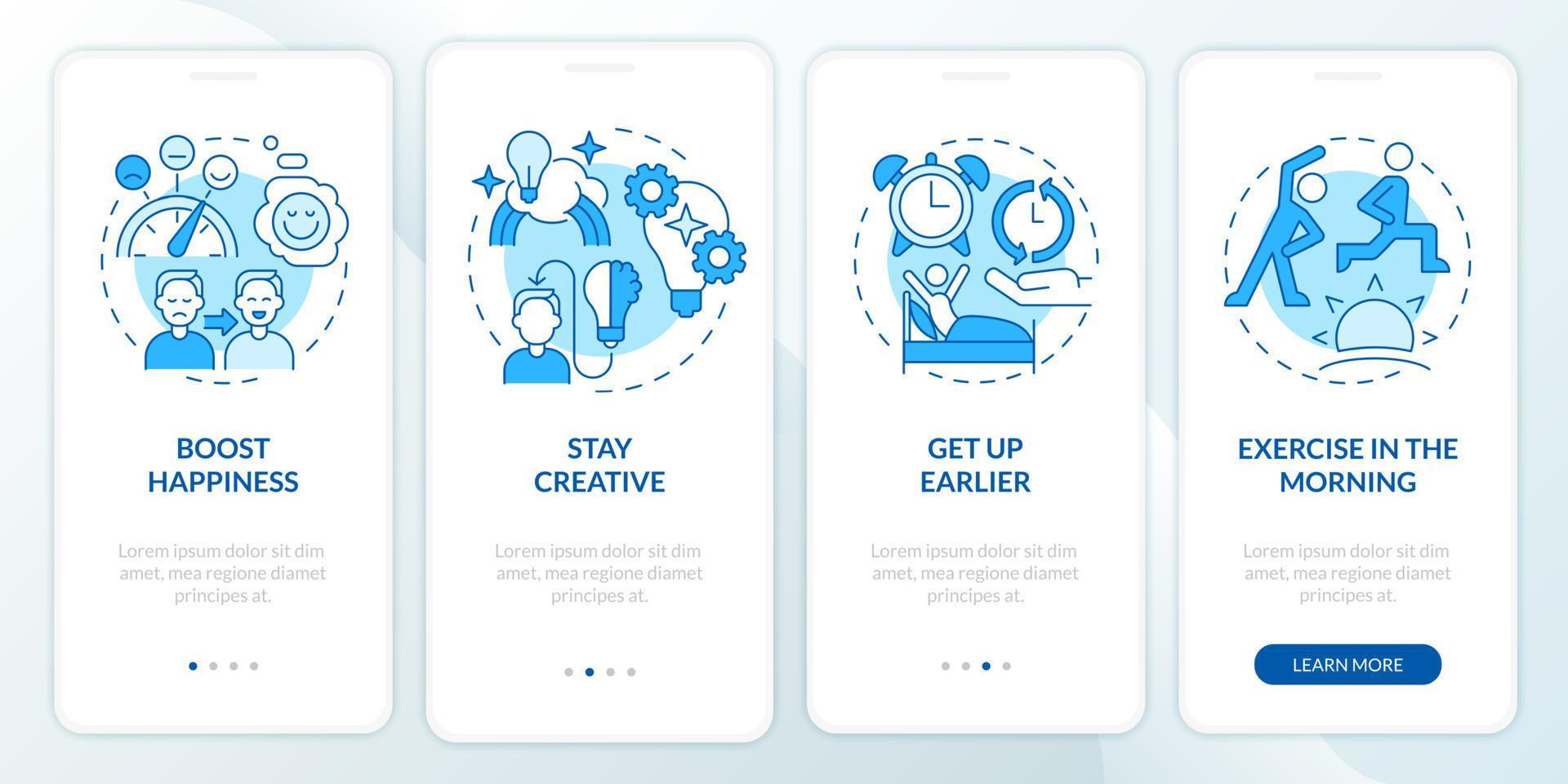 How to live balanced life blue onboarding mobile app screen. Inner peace walkthrough 4 steps graphic instructions pages with linear concepts. UI, UX, GUI template. Myriad Pro-Bold, Regular fonts used vector
