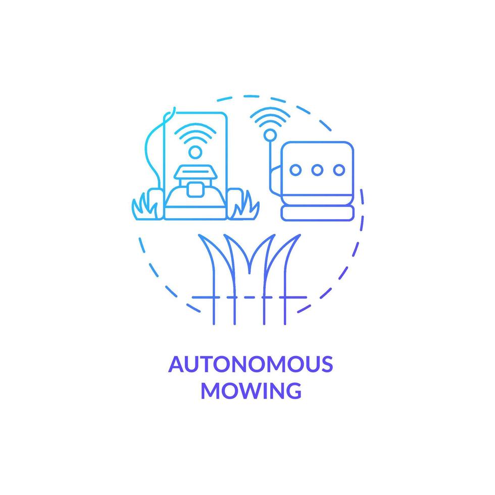 Autonomous mowing blue gradient concept icon. Electric lawn mower abstract idea thin line illustration. Use artificial intelligence. Isolated outline drawing. Roboto-Medium, Myriad Pro-Bold fonts used vector