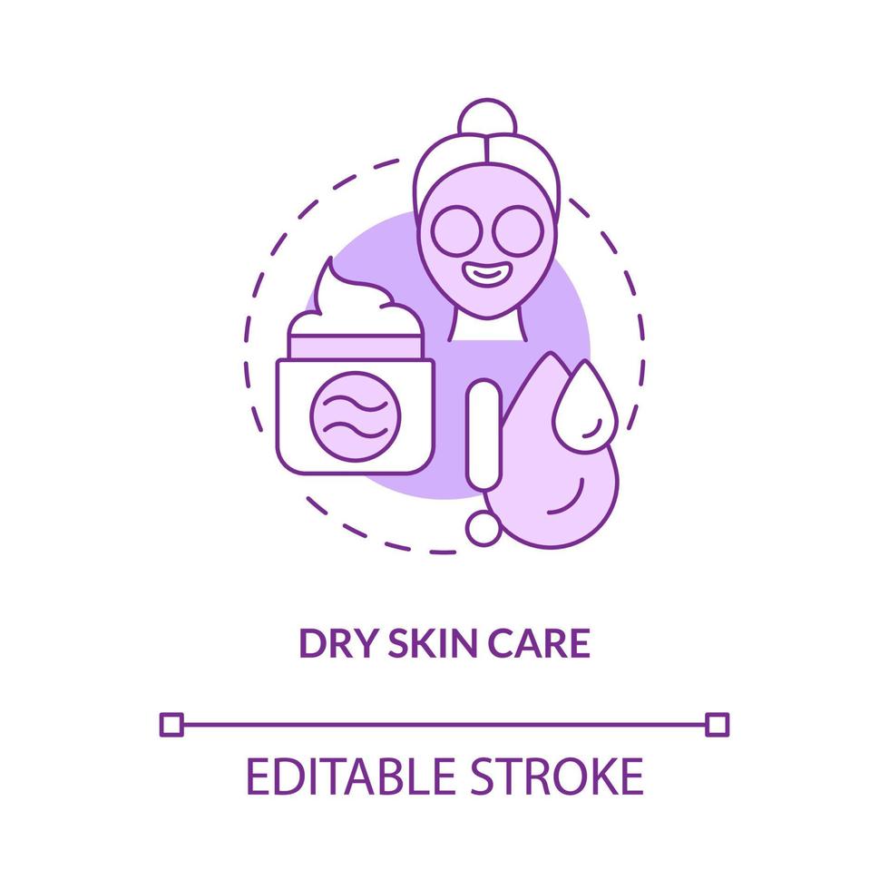 Dry skin care purple concept icon. Everyday beauty procedures abstract idea thin line illustration. Isolated outline drawing. Editable stroke. Roboto-Medium, Myriad Pro-Bold fonts used vector