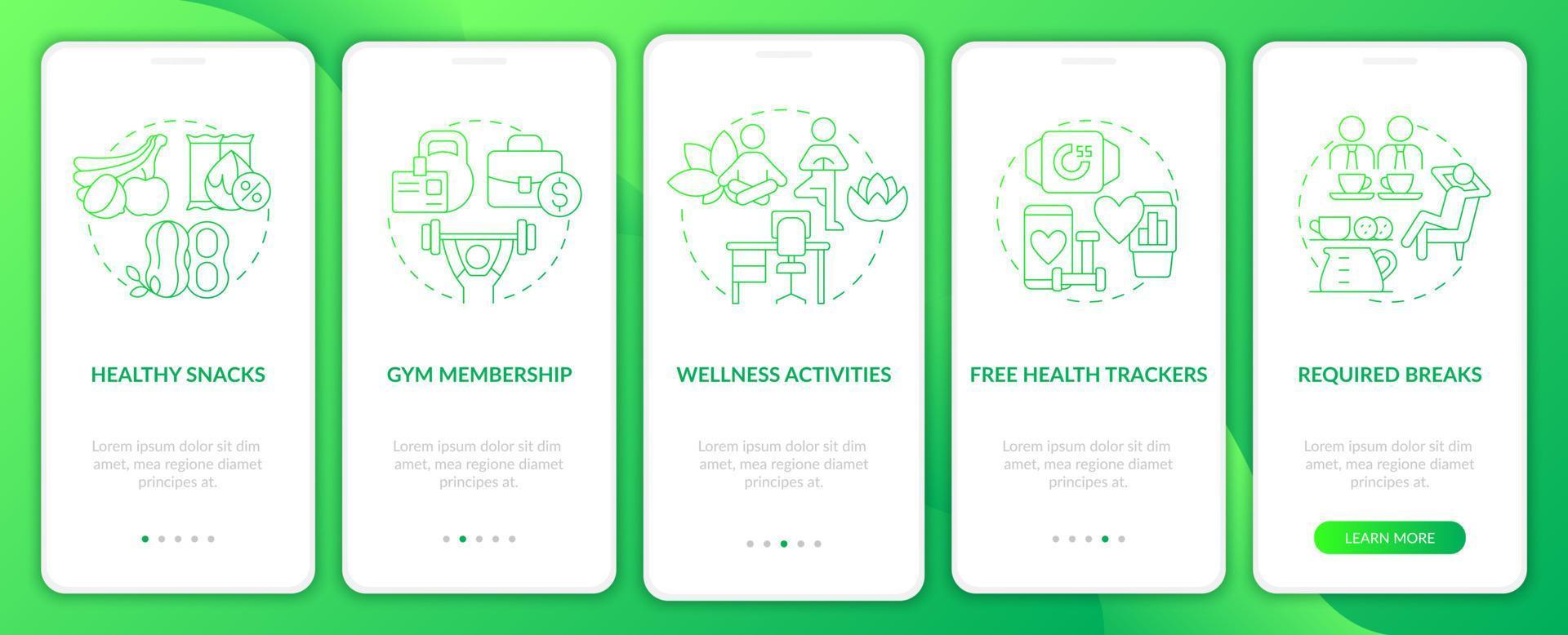 Employee health perks onboarding mobile app page screen. Gym membership walkthrough 5 steps graphic instructions with linear concepts. UI, UX, GUI template. Myriad Pro-Bold, Regular fonts used vector