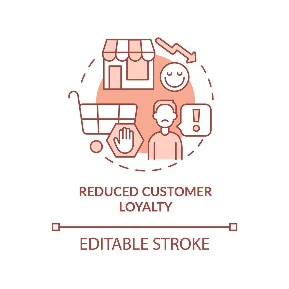Reduced customer loyalty terracotta concept icon. Low client loyalty abstract idea thin line illustration. Isolated outline drawing. Editable stroke. Roboto-Medium, Myriad Pro-Bold fonts used vector