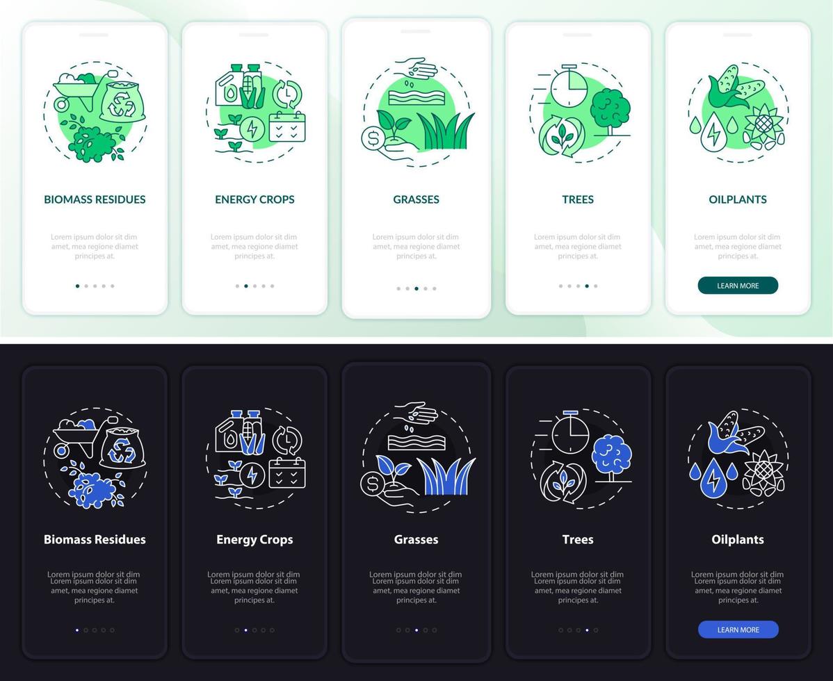 fuentes de biomasa en la pantalla de la aplicación móvil incorporada en el modo día y noche de la granja. tutorial 5 pasos páginas de instrucciones gráficas con conceptos lineales. interfaz de usuario, ux, plantilla de interfaz gráfica de usuario. innumerables fuentes pro-negrita y regulares utilizadas vector