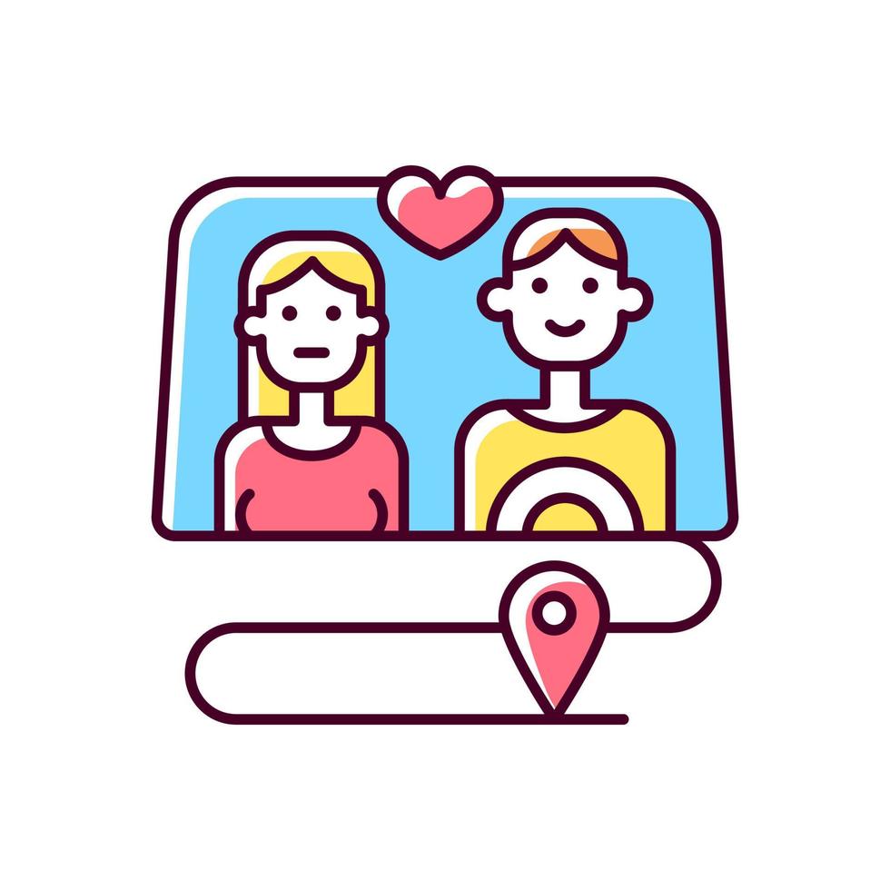 Couple wandering together RGB color icon. Relationship goals. Spending holidays together as partners. Family holiday vacation. Isolated vector illustration. Simple filled line drawing