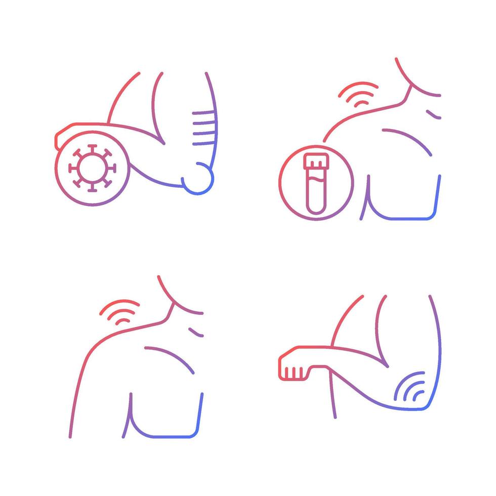 Shoulder and elbow pain gradient linear vector icons set. Autoimmune condition. Rheumatism blood test. Septic arthritis. Thin line contour symbols bundle. Isolated outline illustrations collection