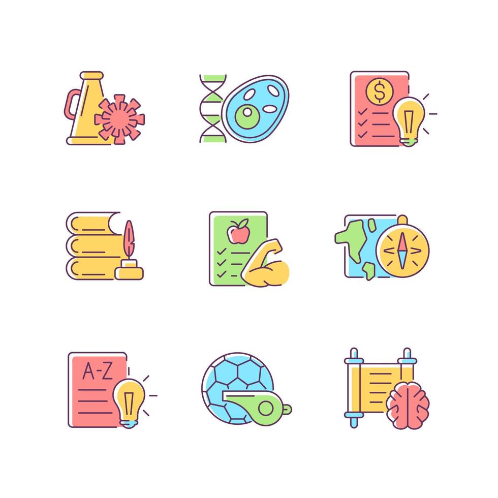 Various school subjects RGB color icons set. Humanities and applied sciences. Health course in educational institutions. Isolated vector illustrations. Simple filled line drawings collection