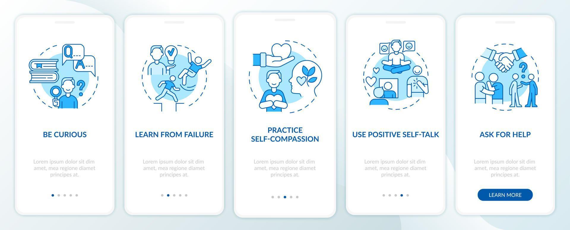 Happiness mindset strategies blue onboarding mobile app page screen. Goal setting walkthrough 5 steps graphic instructions with concepts. UI, UX, GUI vector template with linear color illustrations