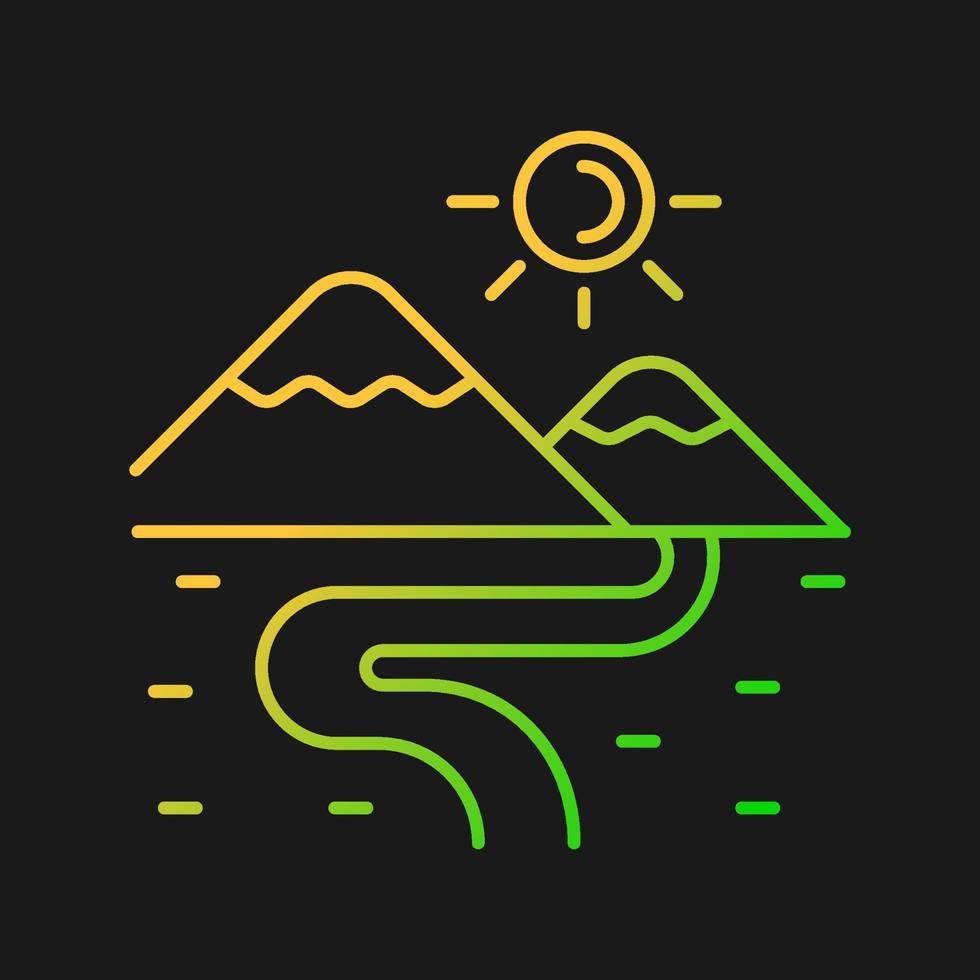 Valley gradient vector icon for dark theme. Lowland. Long low landform. Area between mountains. Land depression. Thin line color symbol. Modern style pictogram. Vector isolated outline drawing