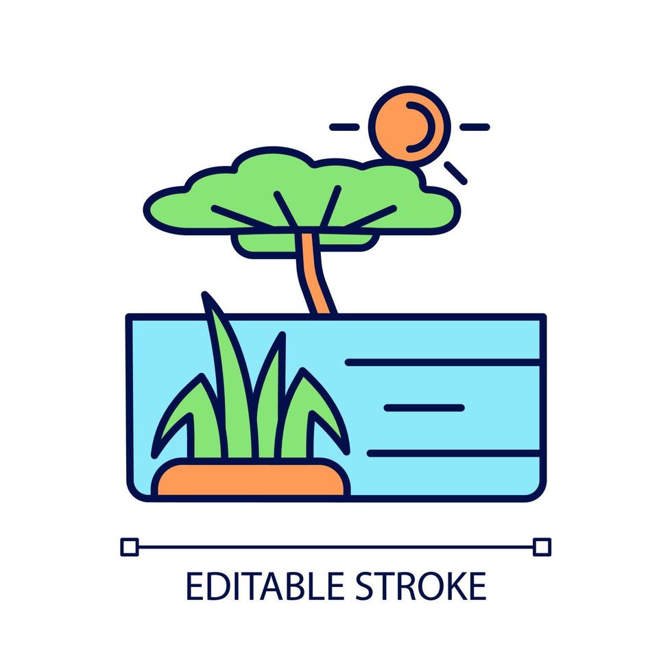 Savanna RGB color icon. African grassland and woodland. Plain tropical land with separated trees. Warm and dry climate region. Isolated vector illustration. Simple filled line drawing. Editable stroke