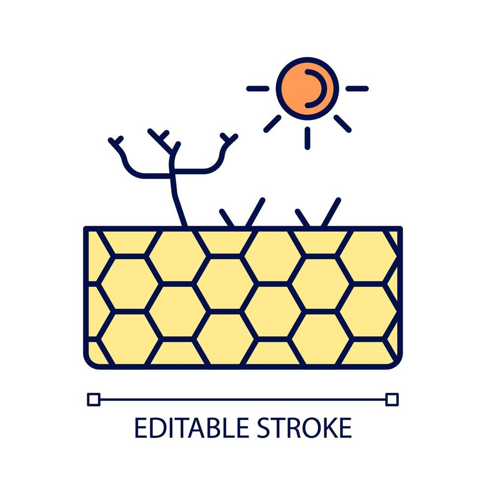 Barren land RGB color icon. Infertile soil. Drought and hot climate zone. Harsh plant growing conditions. Dry bare ground. Isolated vector illustration. Simple filled line drawing. Editable stroke