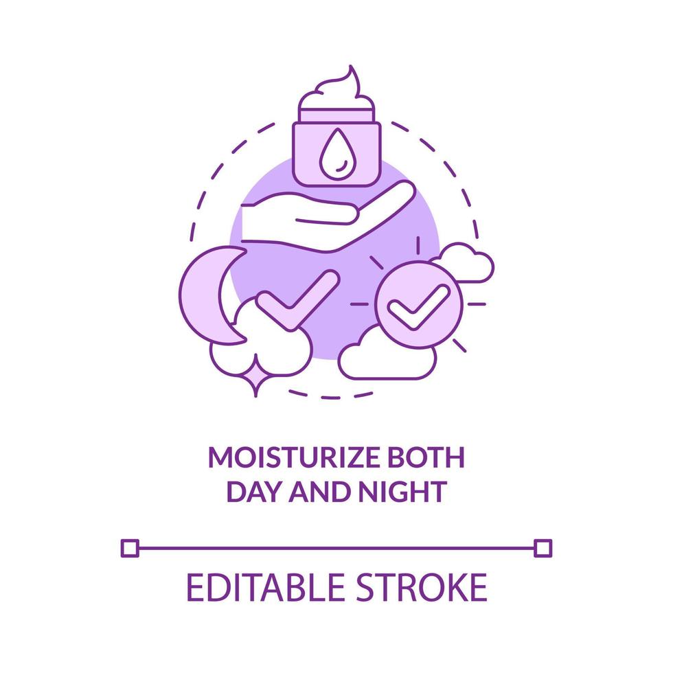 Moisturize both day and night purple concept icon. Skincare routine abstract idea thin line illustration. Isolated outline drawing. Editable stroke. Roboto-Medium, Myriad Pro-Bold fonts used vector