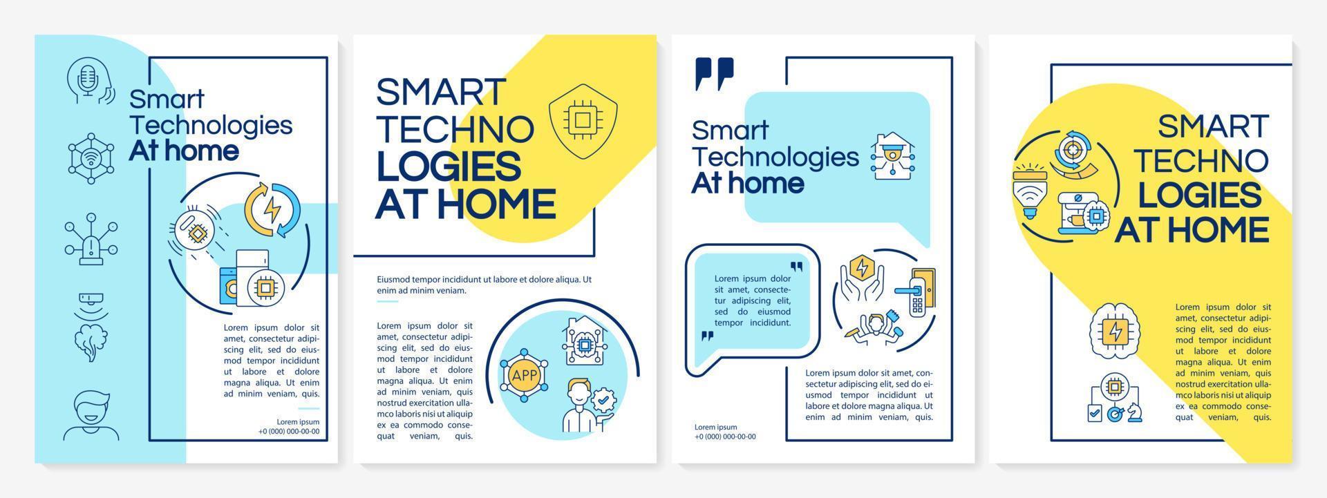 Home automation blue and yellow brochure template. House remote control. Leaflet design with linear icons. 4 vector layouts for presentation, annual reports. Questrial, Lato-Regular fonts used