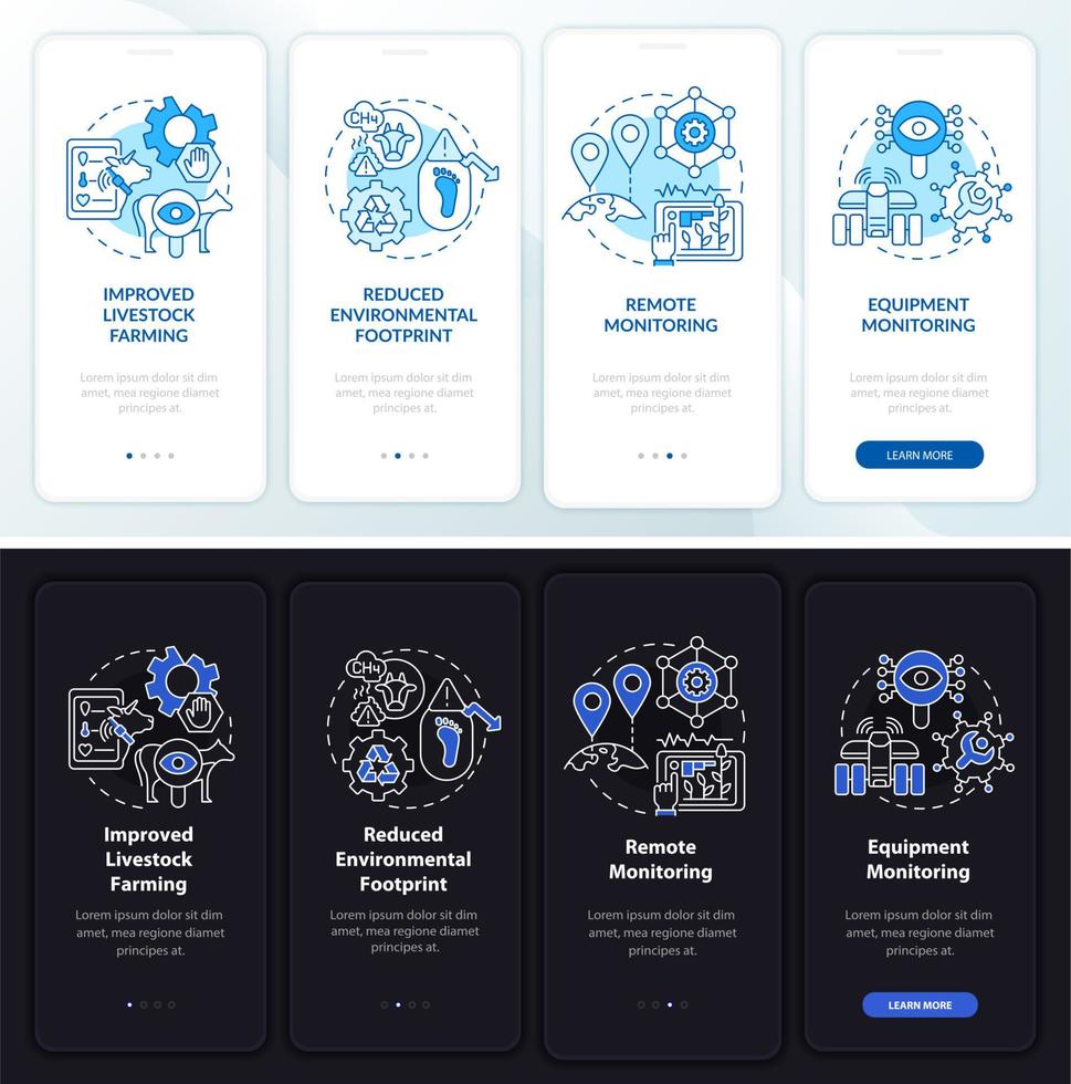 Digital agriculture pros night and day mode onboarding mobile app screen. Walkthrough 4 steps graphic instructions pages with linear concepts. UI, UX, GUI template. Myriad Pro-Bold, Regular fonts used vector