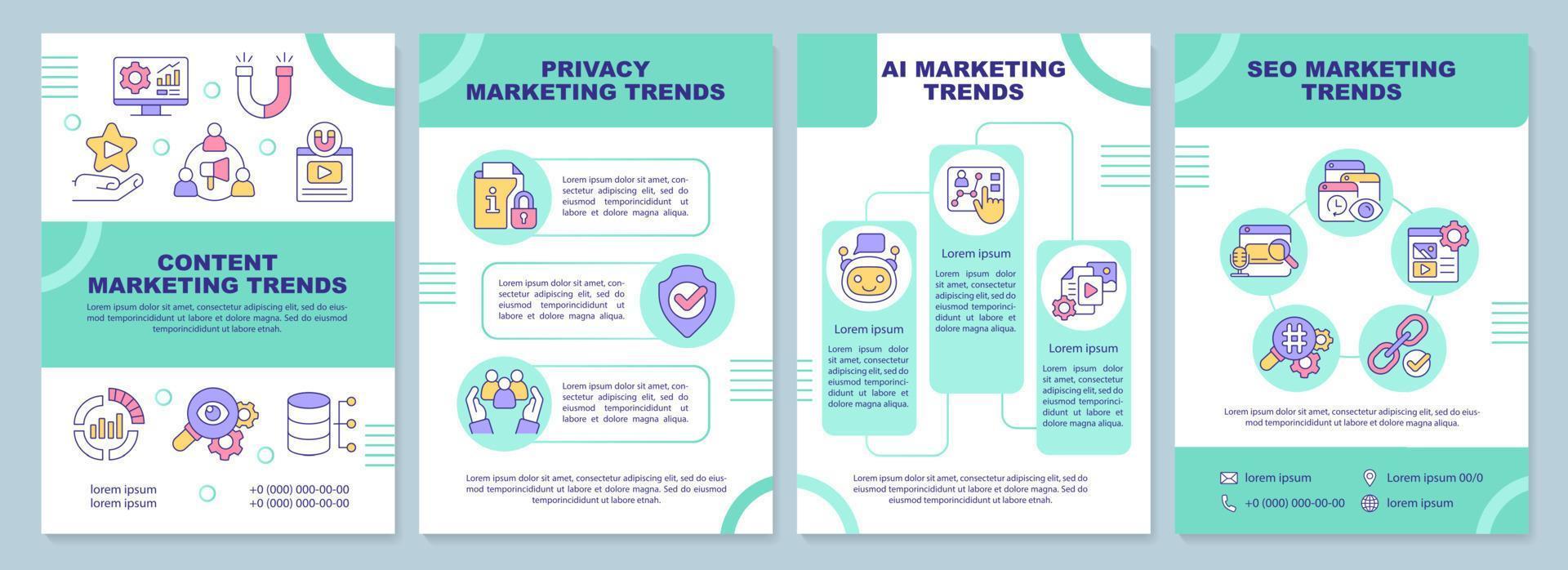 Current marketing trends green brochure template. Promoting business. Leaflet design with linear icons. 4 vector layouts for presentation, annual reports. Arial-Black, Myriad Pro-Regular fonts used