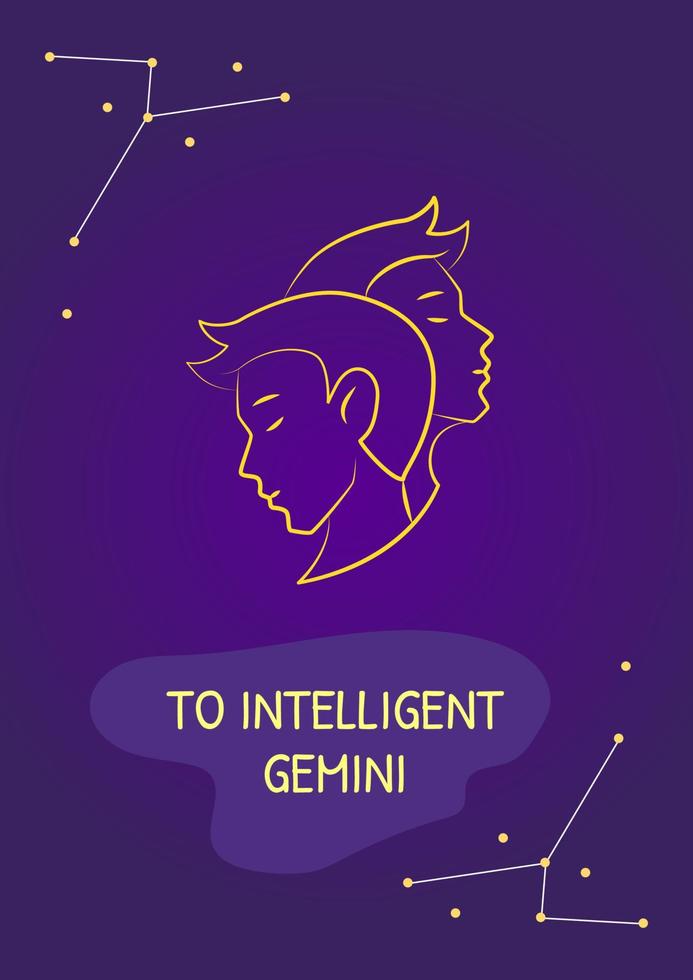 Greetings to intelligent gemini postcard with linear glyph icon. Greeting card with decorative vector design. Simple style poster with creative lineart illustration. Flyer with holiday wish