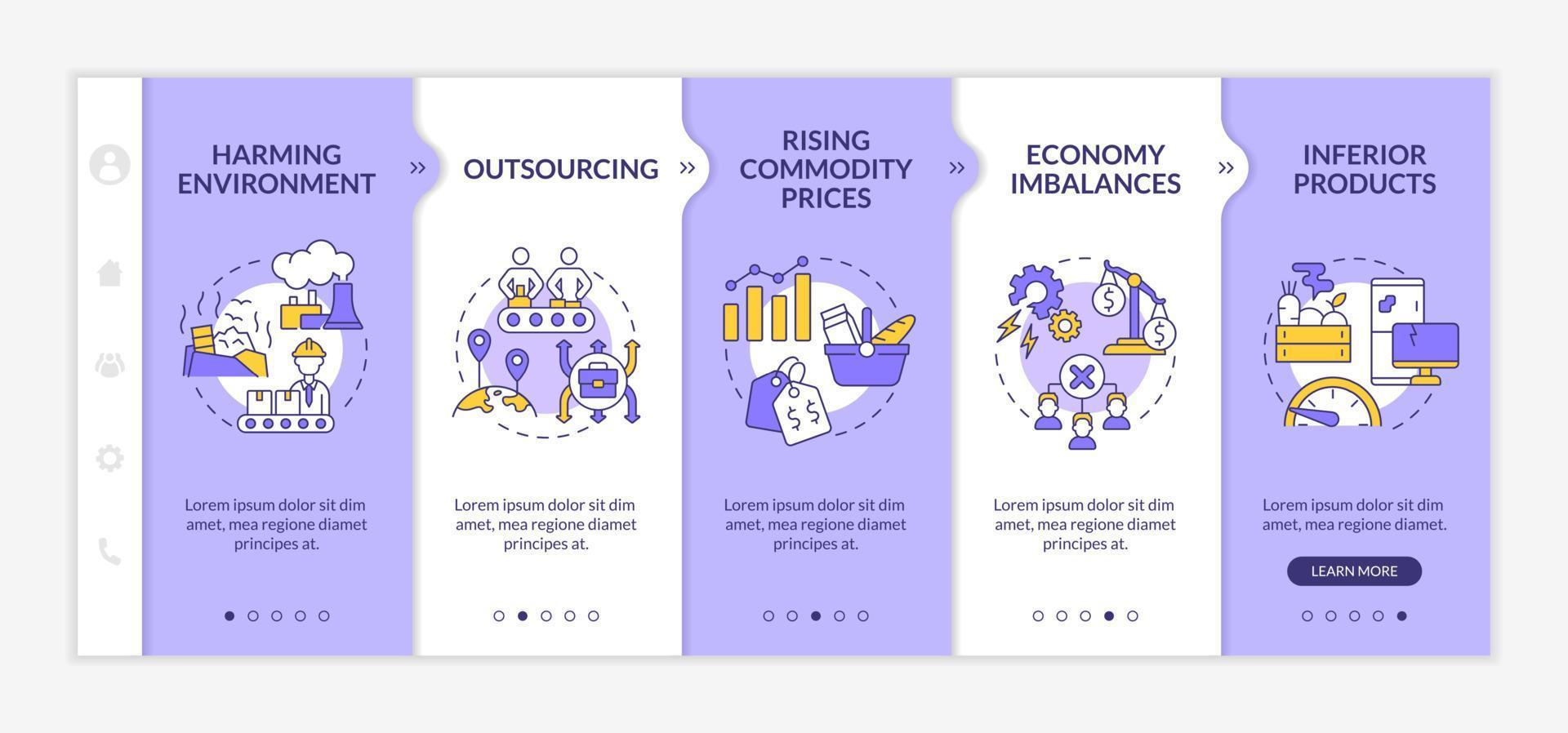 Market economy disadvantages purple and white onboarding template. Responsive mobile website with linear concept icons. Web page walkthrough 5 step screens. Lato-Bold, Regular fonts used vector