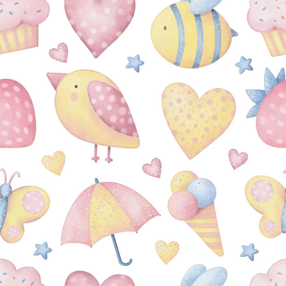 Childish seamless pattern with hand drawn cute elements bird, hearts, bee, strawberry. Watercolor kids background. vector