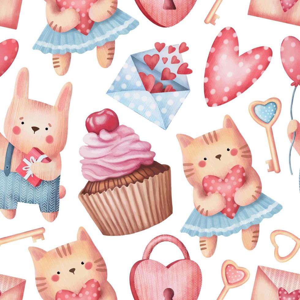 Seamless pattern of cute valentine elements. Hand drawn pencil pattern isolated on white background. vector