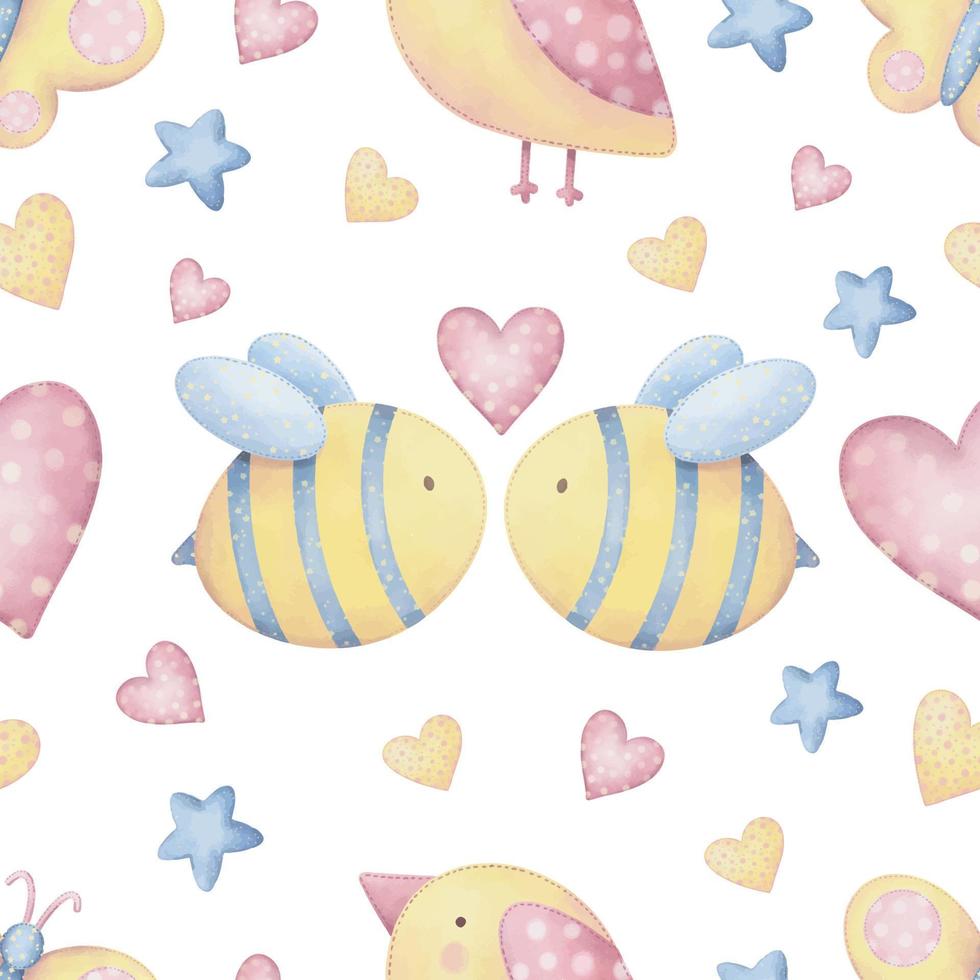 Childish seamless pattern with hand drawn cute elements bird, bee, hearts. Watercolor kids background vector
