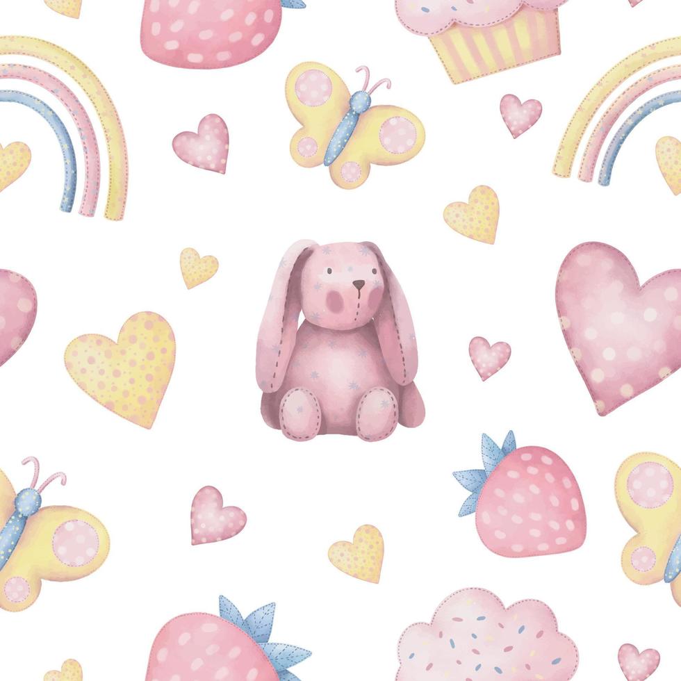 Childish seamless pattern with hand drawn cute elements animals, hearts, balloons. Watercolor kids background vector