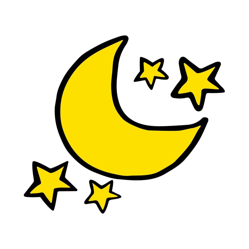 Moon and stars vector icon in doodle style. Cute hand drawn symbol of crescent isolated on white background