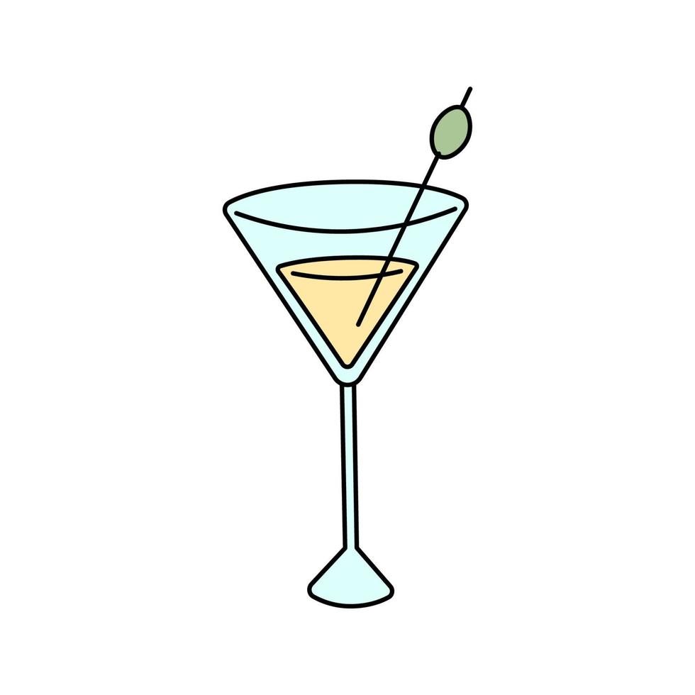 copa de martini con aceitunas al estilo garabato. lindo cóctel de dibujos animados. ilustración vectorial aislado sobre fondo blanco vector