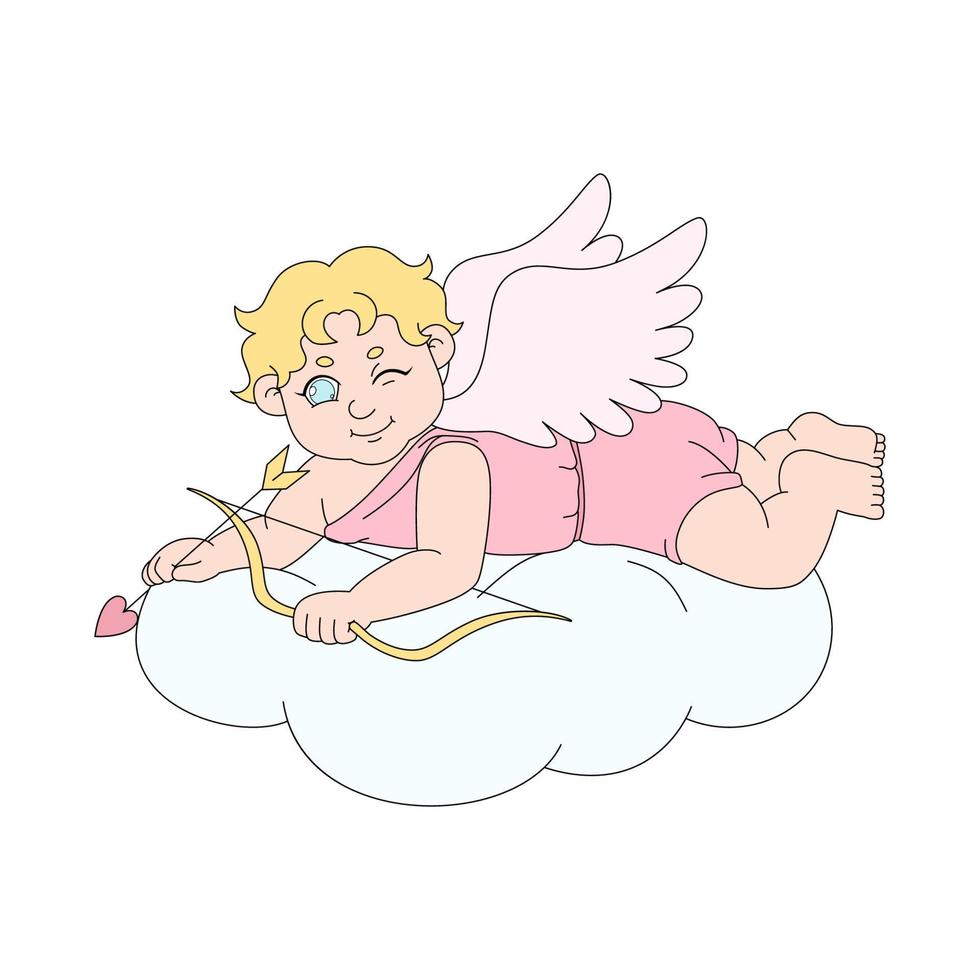 Cartoon cupid on a cloud. Colorful vector illustration for Valentine's Day. Amor isolated on white background