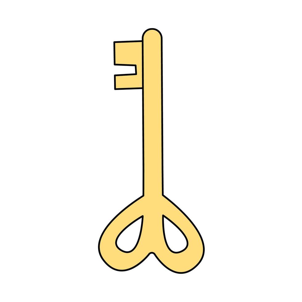 Golden key in cartoon style with a heart-shaped element. Vector illustration isolated on a white background. Symbol of access, solution, password