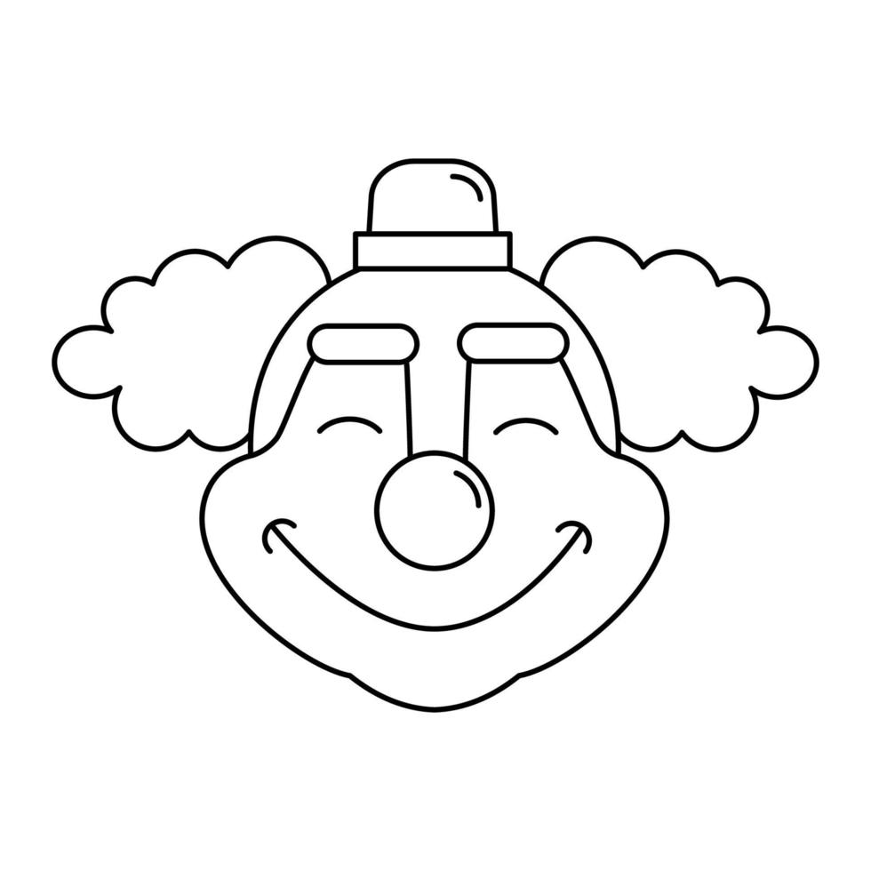 Happy circus clown sign. Jester outline vector icon for web design isolated on white background. Joker symbol for celebration, festival, carnival. Laughing actor with wig, hat, clown nose