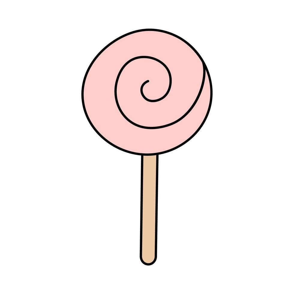 Pink lollipop in doodle style. Cartoon bonbon for valentine's day. Vector illustration isolated on white background