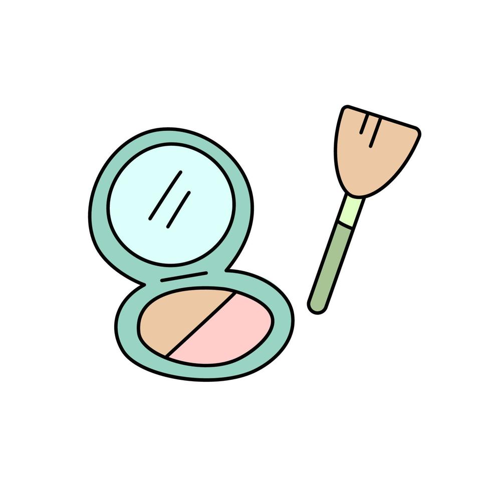 signo de garabato de caja de polvo y cepillo cosmético. ilustración vectorial aislado sobre fondo blanco. lindo símbolo de dibujos animados de cosméticos decorativos y maquillaje vector