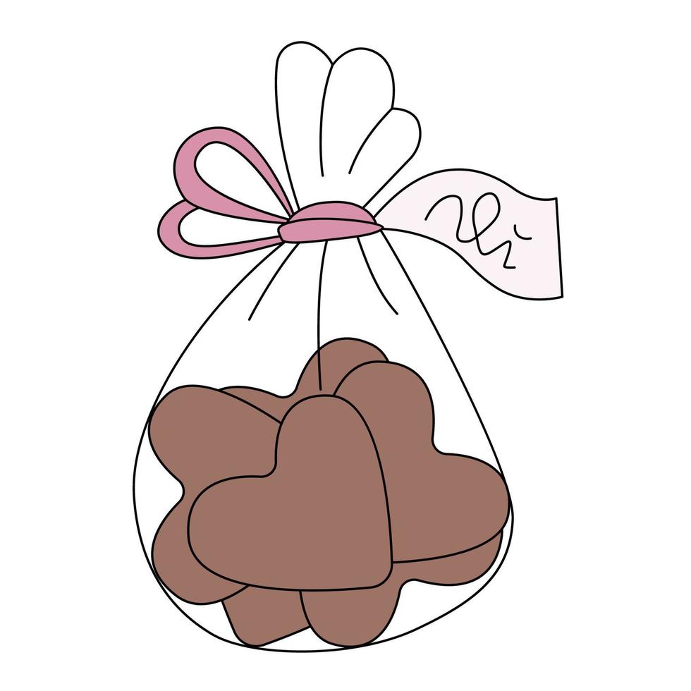 galletas de chocolate en forma de corazón en paquete con cinta rosa. dulces en estilo de dibujos animados. ilustración vectorial aislado sobre fondo blanco vector