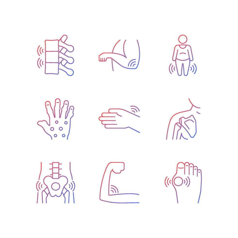 Joint inflammation gradient linear vector icons set. Rheumatoid arthritis. Muscle weakness. Swelling in ligaments. Thin line contour symbols bundle. Isolated outline illustrations collection