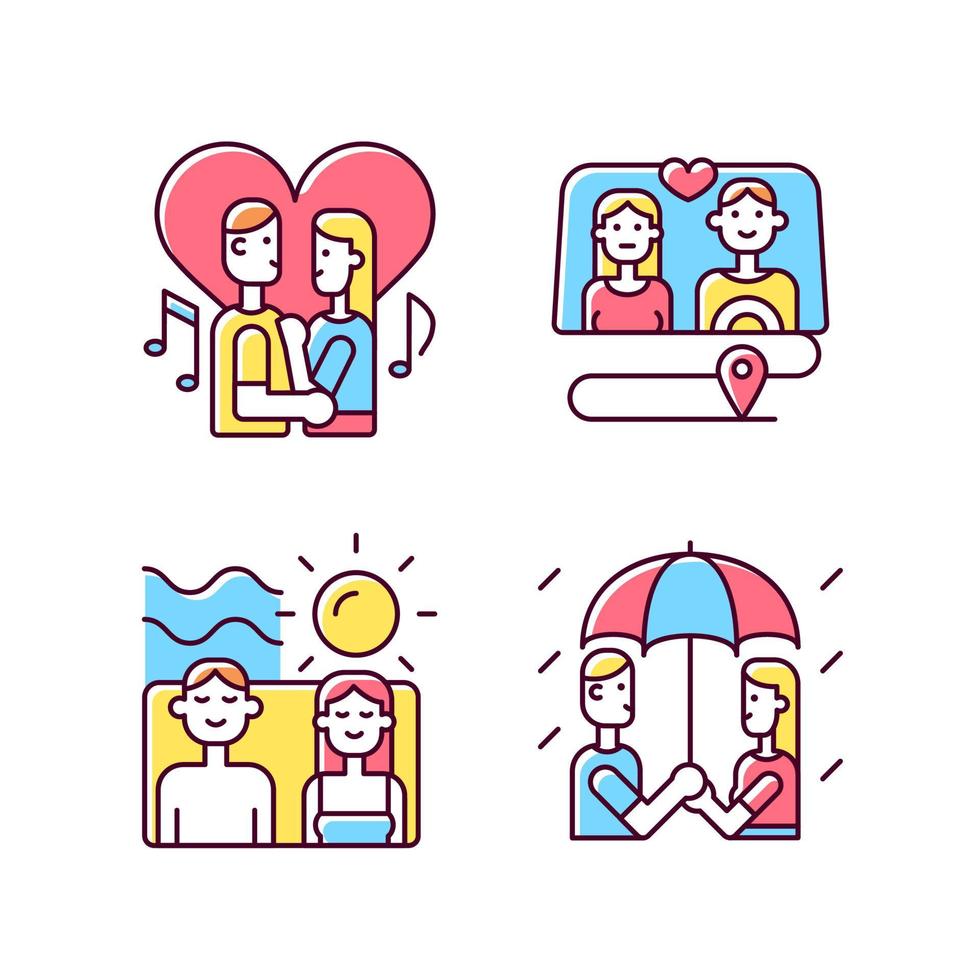 Couple quality time RGB color icons set. Spending free time together as family. Romantic dates ideas. Weekend with partner tips. Isolated vector illustrations. Simple filled line drawings collection