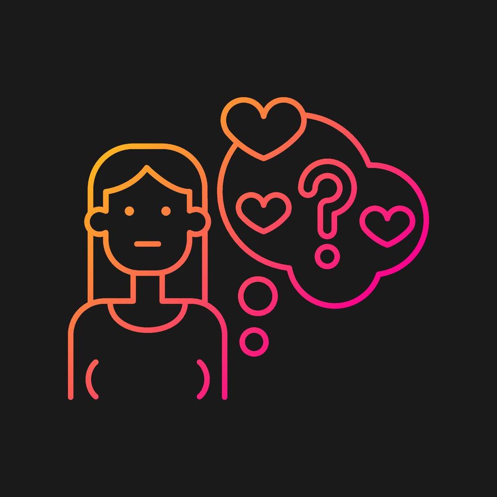 Doubting relationship stage gradient vector icon for dark theme. Girl hesitating about romance. Woman questioning love. Thin line color symbol. Modern style pictogram. Vector isolated outline drawing