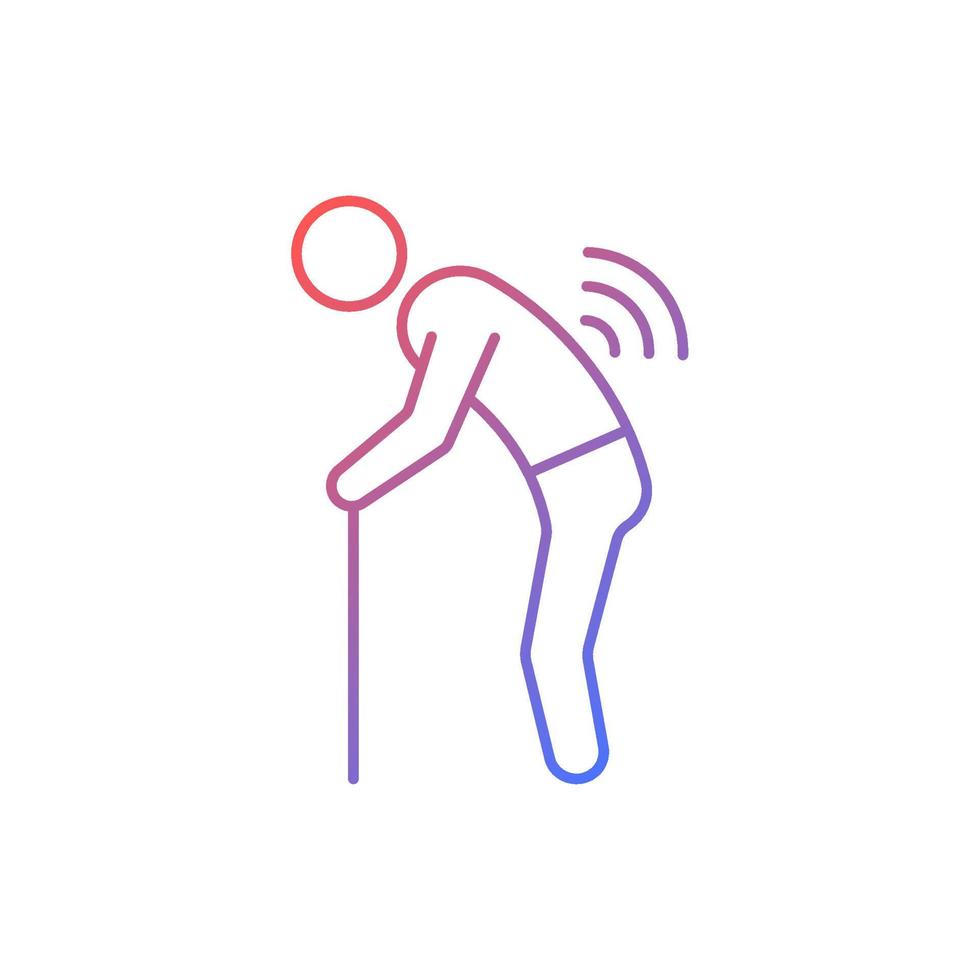 Risk factor linked to age gradient linear vector icon. Elderly man with back ache. Spinal arthritis development. Thin line color symbol. Modern style pictogram. Vector isolated outline drawing