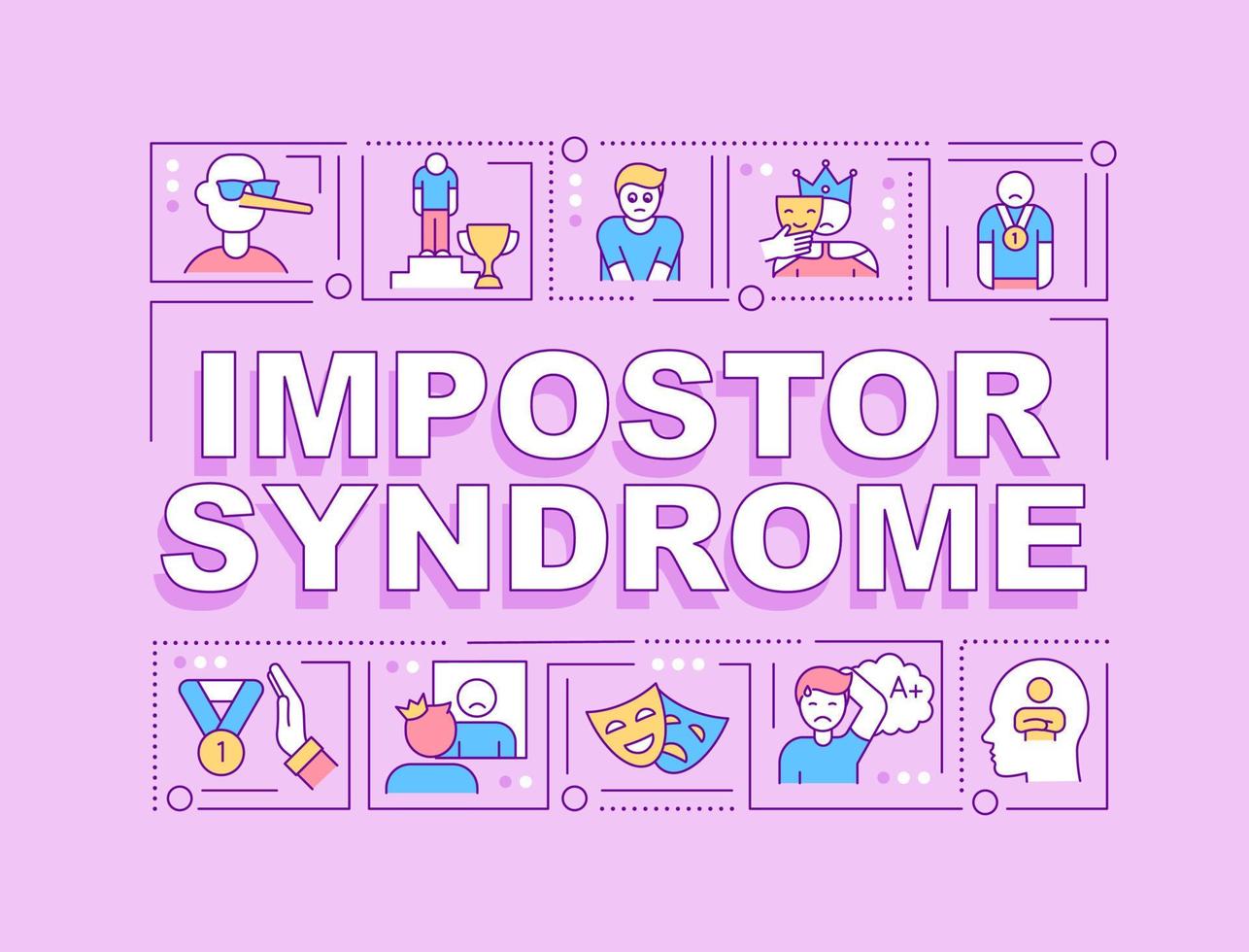 Impostor syndrome word concepts banner. Psychological pattern. Infographics with linear icons on purple background. Isolated creative typography. Vector outline color illustration with text