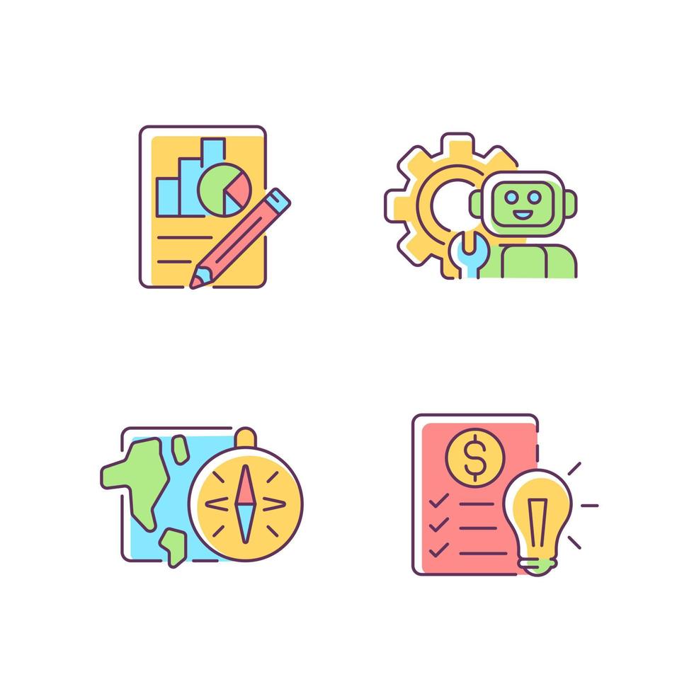 Diversity of school subjects RGB color icons set. Economics report. IT classes. Geography lessons. Financial literacy education. Isolated vector illustrations. Simple filled line drawings collection